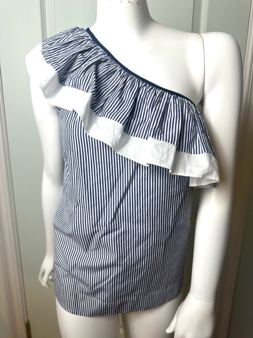 J. Crew Navy and White Striped Riffle Top, One Shoulder Sz. 0